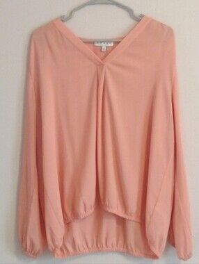 CHAUS Peachy Pink Long Sleeve Elastic Cuffs & Waist V-neck Pullover Blouse Sz LG